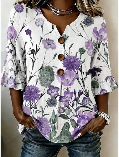  Dames Normaal shirt Zomer tops Blouse Knop Ombre Bloemig Grafisch Elegant Bohemen Vakantie V-hals Normale tops Casual Zwart Blozend Roze Licht Paars Groen Zomer Lente Herfst