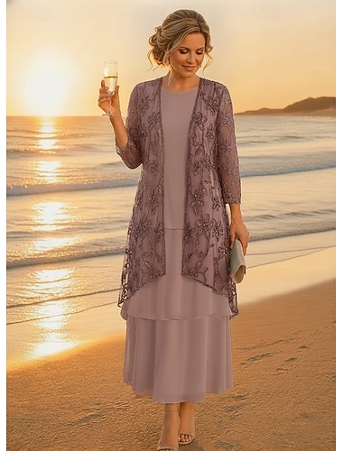  Todelt A-linje Ankellengde Kjole til brudens mor 3/4 ermer Halvlange ermer Øsehals Elegant Enkel Luksuriøs Formell Bryllupsgjest Chiffon Blonder Jakke kjoler med Drapert Broderi Appliqué