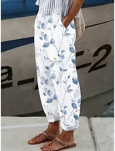  Damskie Spodnie lniane Spodnie szerokie nogawki Spodnie codzienne Letnie spodnie Urlop Moda Moda miejska Do kostek Średni Talia Kwiaty Graficzny Kieszeń Elastyczny pas Nadruk Wygodne Komfort