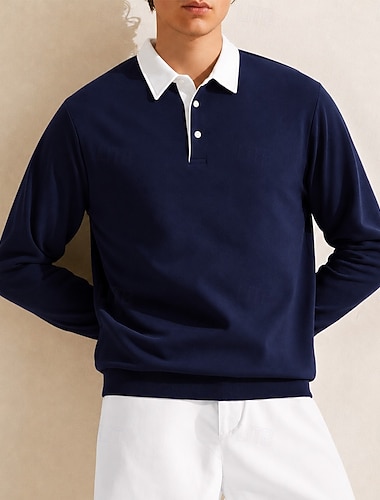  Per uomo Polo Casuale Affari Collo ripiegato Manica Lunga Semplice Testurizzato Leggero Bottoni Primavera & Autunno Blu Blu marino Polo
