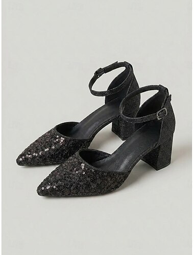  Escarpins noirs à paillettes pour femme - talons carrés scintillants parfaits pour une petite robe noire, un cocktail ou un dîner en hôtel