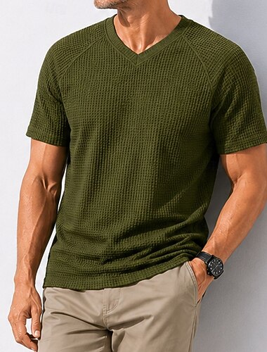  Per uomo Maglietta Waffle Maglietta Manica Corta Scollo a V Estate Primavera Tinta unica Streetwear Elegante Casual Puro Manica corta Casuale Quotidiano All'aperto Blu chiaro Verde oliva Maglietta
