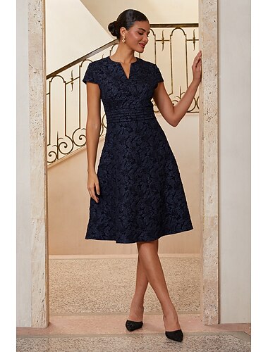  Femmes Ligne A Robe de Cocktail Robe d'invité de mariage Mi-long Col fendu en V Manches Courtes Taille haute Élégant La mère de la mariée Semi-Formel avec Jacquard Floral Détail de taille orn