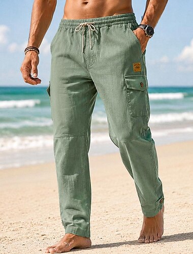  Homens Calças Cargo Calças de linho Calças Calça verão Com Cordão Cintura elástica Perna reta Tecido Conforto Confortável Comprimento total Casual Diário Feriado Moda Estilo Clássico Azul Cáqui Sem