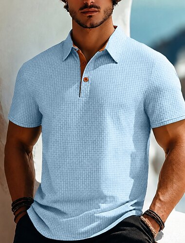  Per uomo Polo in seersucker di seta ghiaccio Testurizzato Casuale Vacanza Collo ripiegato Manica Corta Moda Essenziale Blocco di colori Leggero Bottoni Primavera & Estate Blu Bianco Nero Blu marino