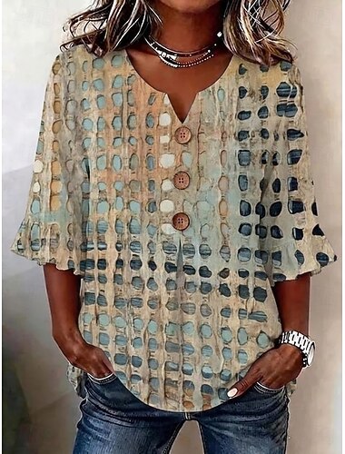  Mulheres Camisa Social Patchwork Botões Imprimir Gráfico Geométrica Listrado Vintage à moda Manga 3/4 Decote V Tops curtos Casual Diário Feriado Verde Escuro Roxo Marron Verde Verão Primavera
