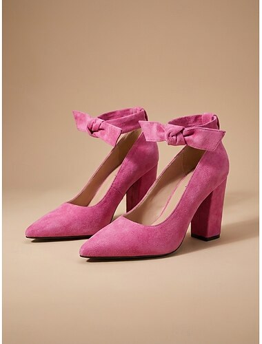  Bequeme, pinkfarbene Wildlederpumps für Damen – elegante, spitze Blockabsätze mit Schleife am Knöchel für den lässigen Alltag. &Büroarbeit