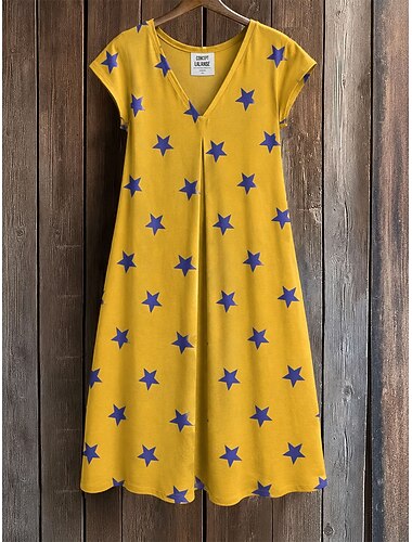  Damen Knielanges Kleid Shiftkleid T-Shirt-Kleid Sommerkleid Elegant Bohemien Urlaub Strand Party Ferien Normale Passform Stern Tropisch Kurzarm V Ausschnitt Weiß Gelb Rote Grün Sommer Frühling