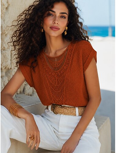  Mulheres Topo de ilhó Top de emenda de renda Patchwork Elegante Boêmia Vintage Manga Curta Gola Redonda Tops regulares Casual Diário Para Noite Laranja Verão Primavera