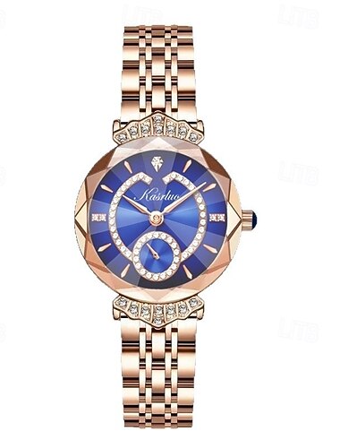  Elegante Damenuhr mit roségoldenem Edelstahlarmband, facettiertem blauem Kristallglas und diamantbesetztem Zifferblatt – ein modisches, analoges Quarz-Armbanduhr-Geschenk für Damen.