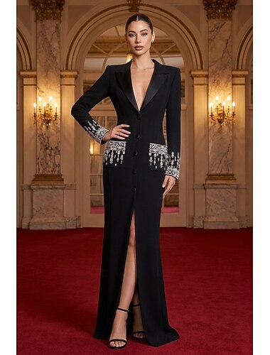  Per donna Abito da smoking Linea ad A Sirena Matrimonio Formale Crepe Elasticizzato Elegante Scintillante Manica Lunga Lunghezza al pavimento Colletto a Camicia Monopetto