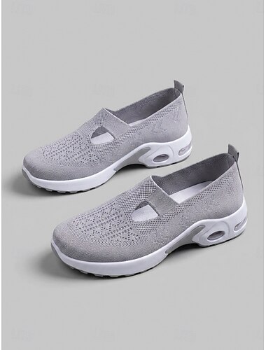  Grå damesko med luftpute – lette, pustende strikkede slip-on-sneakers med støtdempende såle og enkel av- og påkledning for turgåing, reiser og hverdagskomfort