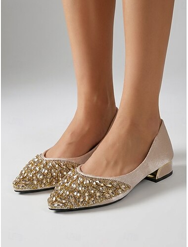  Décolleté da donna con punta a punta e cristalli dorati scintillanti - eleganti scarpe da sera con tacco basso e grosso tempestato di strass per cocktail party e cene serali &invitato al matrimonio