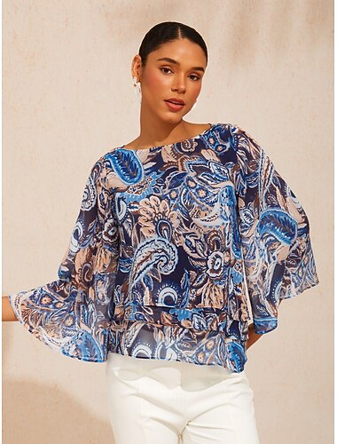  lagdelt chiffontopp med havpaisleymønster og floralprint