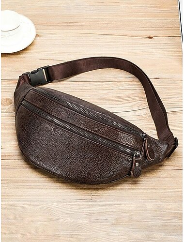  Riñonera de cuero genuino para hombre, bolso bandolera negro café, bandolera de gran capacidad con múltiples bolsillos y correa ajustable, ideal para usar como riñonera en viajes y uso diario.