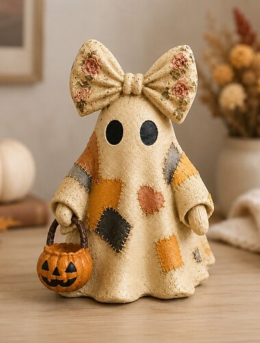  Décoration fantôme vintage patchwork pour Halloween, figurine fantôme en résine avec nœud floral et seau citrouille, décoration de table automnale de style ferme pour étagère, cheminée, entrée, coin