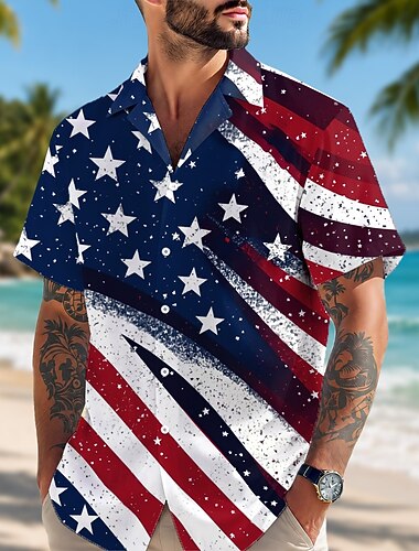  4. heinäkuuta 2026 250. Miesten Yhdysvaltain Yhdysvaltain lippu Paita Button Up paita Leirin paita Lyhythihainen Patriotismi Päivittäin Festivaali Kesä Kevät Kuubalainen kaulus 3D-tulostus Sininen