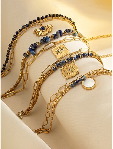  Damesarmband in bohemian stijl met meerdere lagen kralen en natuursteen. &Titanium stalen bedelarmband voor dames, een zomerse polssieraad met meerdere hangers, perfect voor vakantie, dagelijks