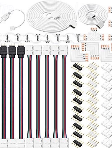 5050 4-pins RGB 10mm LED-strip connector kit, RGB-verlengkabel, LED-strip jumper, 2-weg RGB-splitterkabel, L, T, naadloos, 4-pins mannelijke connectoren met clips, 81 stuks