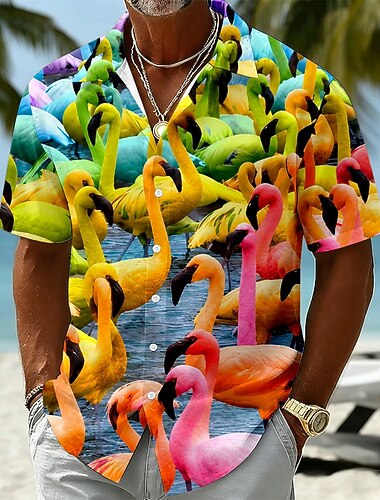 Homens Flamingo Papagaio Camisa havaiana Camisas tropicais Camiseta Aloha Manga Curta Havaiana Diário férias na praia Verão Primavera Aberto para a Lateral Impressão 3D Camisas de botões Azul Amarelo
