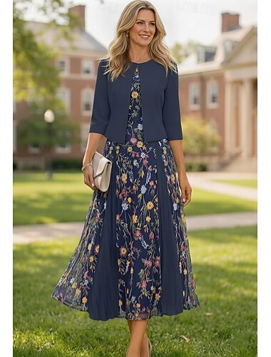  Zweiteilig A-Linie Tee-Länge Kleid für Hochzeitsgäste Brautmutterkleid Kurzarm Dreiviertelarm V Ausschnitt Elegant Einfach luxuriös Formell Hochzeitsgast Spitze Stretch-Crêpe mit Spitze Stickerei