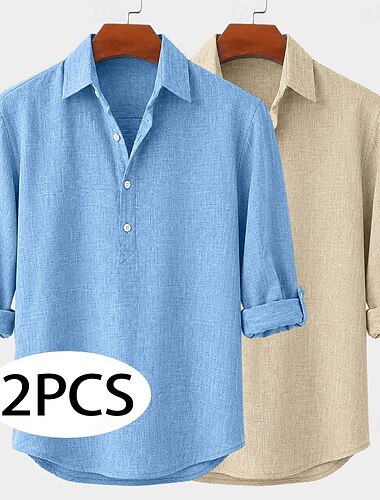  Herren Leinenhemd Popover-Hemd Sommerhemd Knopfhemd Einfach Lässig Täglich Grün + grau Weiß + Grün Weiß + Khaki Blau+Khaki Langarm Hemdkragen Frühling & Sommer Sommer Bekleidung