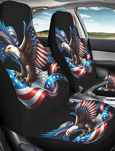  amerikansk flagga vithövdad havsörn bilsätesöverdrag set om 2, patriotiska amerikanska flaggan skålade framsätesskydd universell passform för SUV lastbil sedan minibuss, slitstarka andningsbara