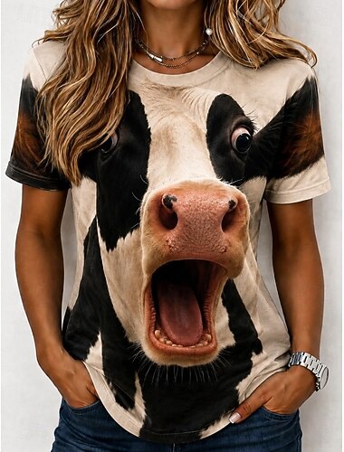  Dames T-shirt Kleurenblok Afdrukken Grafisch dier Koe Vintage Stijlvol Klassiek Korte mouw Strakke ronde hals Lange tops Casual Dagelijks blauw Wit Khaki Beige Zomer Lente