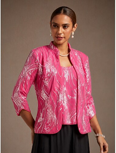  Dames Topjes met pailletten Tweelingset Pailletten Veer Elegant 3/4 mouw Mandarijn Kraag Avond Feest Cocktail kledij Fuchsia Zomer Lente Herfst