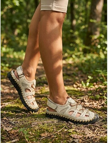  Dámské béžové turistické sandály s uzavřenou špičkou, ochrannou špičkou a odolným designem proti oděru - prodyšné outdoorové turistické sandály s protiskluzovou podrážkou pro trekking, cestování a