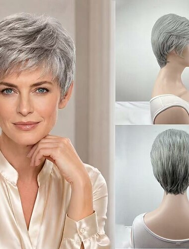  Perruque courte gris argenté, coupe pixie, pour femmes d'âge mûr - cheveux synthétiques dégradés avec frange, aspect poivre et sel naturel, idéale au quotidien.