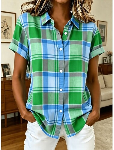  Mulheres Camisa Social Botões Imprimir Gráfico Xadrez Listrado Vintage Diário à moda Manga Curta Colarinho de Camisa Tops curtos Casual Diário Roxo Claro Roxo Verde Verão Primavera