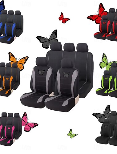 9-teiliges Set Autositzbezüge mit Schmetterlingsmotiv, universell passend, atmungsaktiv, für Pkw, SUVs, LKWs und Limousinen, stilvolle Schmetterlingsstickerei als Innenausstattung