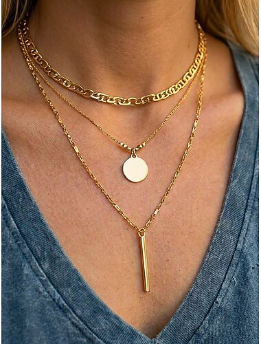  Damesketting met geometrische hanger in goud-zilveren laagjes, elegante stapelbare ketting voor dagelijks gebruik, vakantie, feestjes en als cadeau.