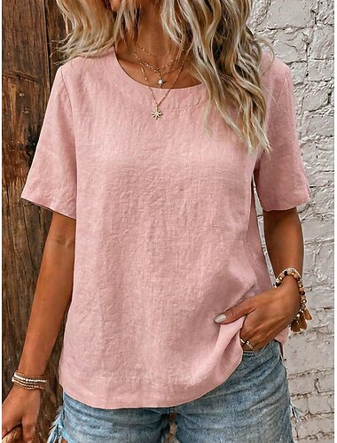  Damen Leinenhemd Sommerhemd Pullover Vintage Kurzarm Rundhalsausschnitt Lässig Sommer Frühling