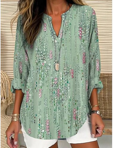  Dames Blouse Afdrukken Grafisch Geometrisch kunst Vintage Dagelijks Stijlvol Lange mouw V-hals Lange tops Casual Dagelijks Geel Licht Bruin Hemelsblauw Paars Groen Zomer Lente