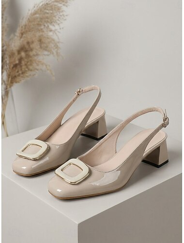  Beige slingback pumps voor dames - lakleren vierkante neus met gesp en blokhak, geschikt voor kantoorwerk, zakelijke bijeenkomsten en woon-werkverkeer.