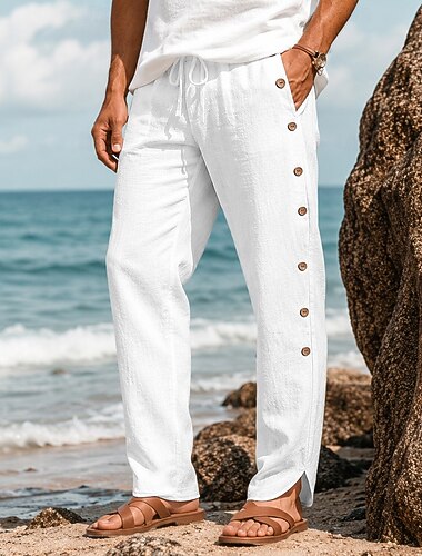  Homme Pantalons en Lin Pantalons Pantalon d'été Cordon de serrage Taille Élastique Bouton latéral Uni Confort Respirant Longueur complète Occasionnel Quotidien Plage Mode Style Classique Blanche Kaki