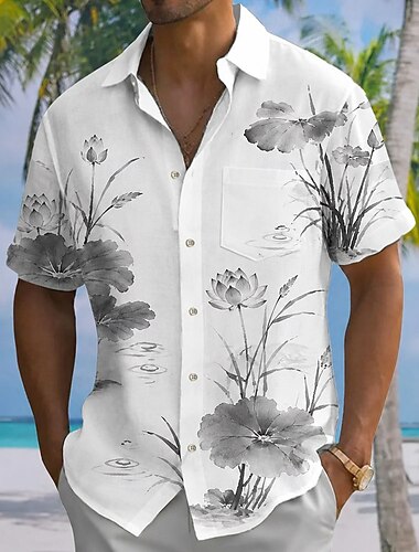  Per uomo Floreale Piante Camicia Camicia Estiva Manica Corta Casual Quotidiano All'aperto Estate Primavera Collo ripiegato Stampa 3D Una tasca anteriore Camicie con bottoni Bianco 1 Bianco Bianco 2