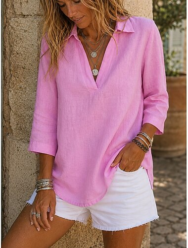  Mujer Algodón lavado Camisa de lino Con Texturas Vintage Manga 3/4 Cuello Camisero Blanco Negro Rosa Primavera, Otoño, Invierno, Verano