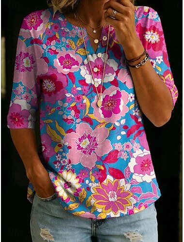 Dames T-shirt Afdrukken Bloemig Grafisch Planten Vintage Stijlvol Klassiek Halve mouw Strakke ronde hals Lange tops Casual Dagelijks Weekend Wit Grasgroen Lichtgroen Fuchsia Zomer Lente