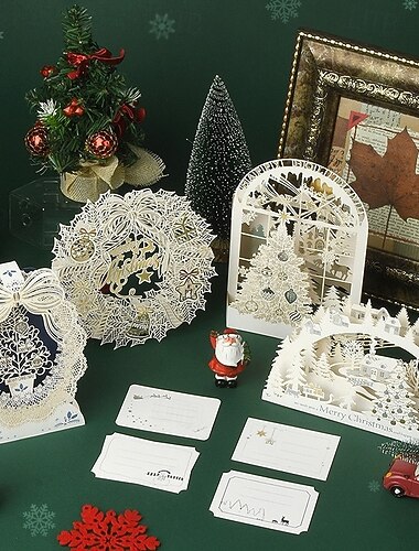  Biglietti di Natale pop-up 3D, set di biglietti di auguri autoportanti tagliati al laser, disegni di allegri alberi di Natale, ghirlande e villaggi innevati, eleganti biglietti di auguri fatti a mano