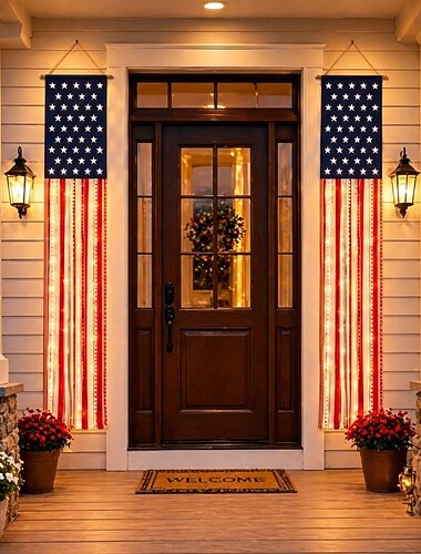  Upplyst patriotisk verandabanderoll amerikansk flagga hängande banderoll 4 juli utomhusdekorationer USA 250-årsjubileum stjärnor ränder dörrkolumnbanderoll för ytterdörr uteplatsfest