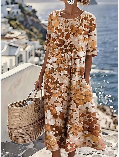  Damen Midikleid Sommerkleid A Linie Kleid Figurbetontes Kleid Urlaub Party Lässig Täglich Büro Strand Lässiger Schnitt Grafik Halbarm Rundhalsausschnitt Blau Gelb Rosa Braun Sommer Frühling Herbst