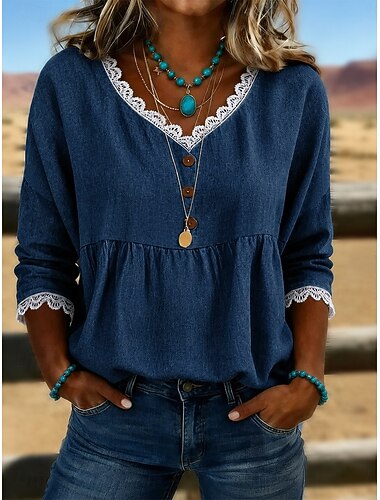  Damenbluse im Jeans-Look mit Bindeband vorne, einfarbig, elegant, Vintage-Stil, 3/4-Ärmel, Rundhalsausschnitt, normale Passform, lässig, blau, dunkelblau, hellblau, Sommer/Frühling