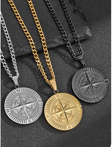  Viking kompas hanger ketting voor heren, roestvrijstalen schakelketting, vintage nautisch talisman sieraad cadeau, goud zilver zwart