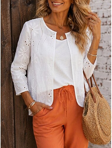  Damen Oberteil mit Ösen Schultertücher Bestickt Lochmuster Elegant Dreiviertelarm Lässig Weiß Frühling
