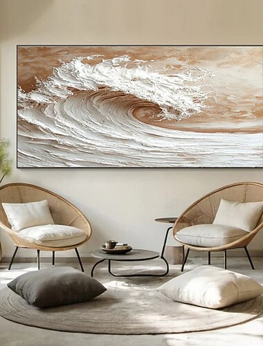  Peinture à l'huile texturée 3D faite à la main, représentant des vagues. Art mural moderne, grand format, style impasto, sur toile, représentant un océan aux tons neutres (crème, beige, blanc).