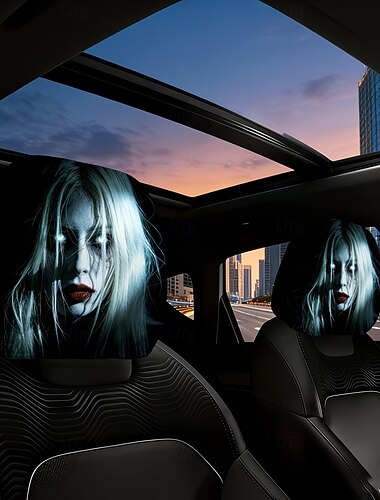  2/4 Stück geisterhafte Autositz-Kopfstützenbezüge mit weißen Haaren und roten Lippen, weiblicher Geist, Halloween-Horror-Autoinnenraumdekoration, waschbarer, dehnbarer Kopfstützenschutz, universell