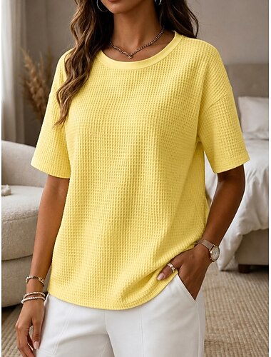  Dam T-shirt T-shirts Vaffelstrickade toppar Ensfärgat Klassisk Modern Ledigt Kortärmad Rund hals Långa toppar Ledigt Dagligen Utekväll Svart Vit Gul Rodnande Rosa Vin Sommar Vår